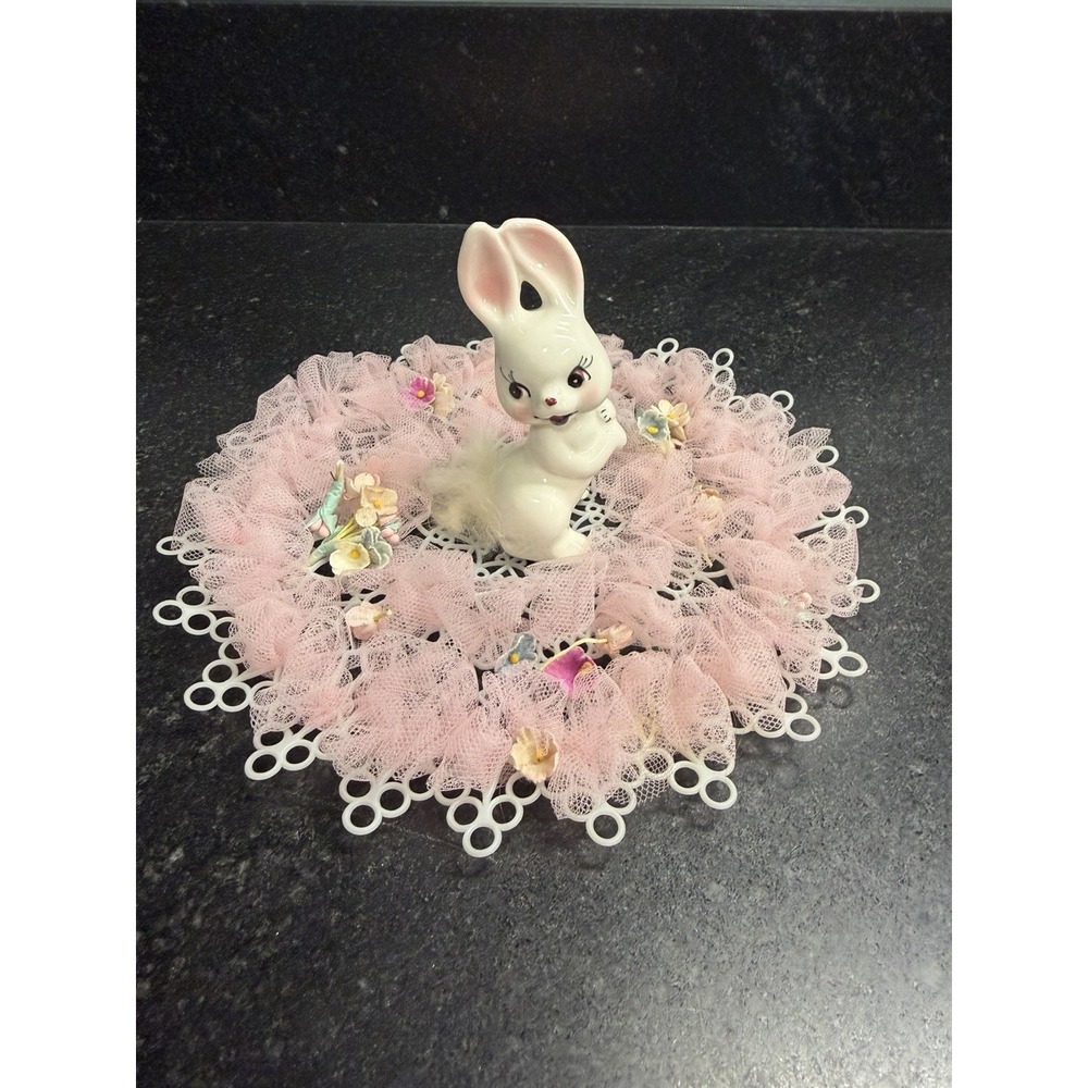 Vintage Ceramic Bunny Rabbit Figurine w Fur Tail Pink Tulle Easter Centerpiece